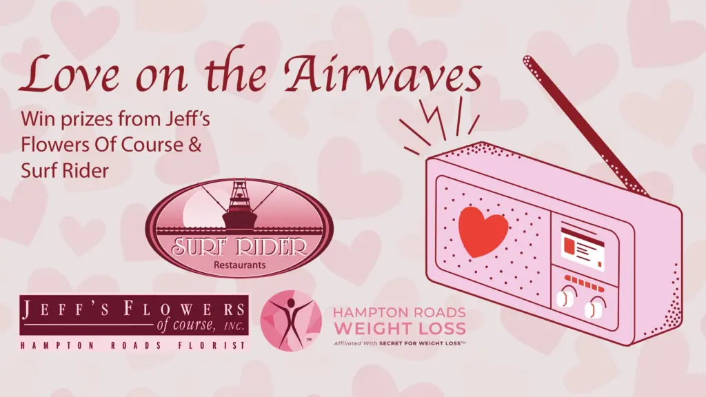A graphic promoting the WTAR "Love on the Airwaves" Valentines promotion