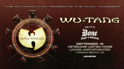 Promotional materials for Wu Tang Clan coming to the Veteran's United Home Loans Amphitheater on September 16, 2026 with Bone Thugs-N-Harmony for the Final Chamber encore tour.