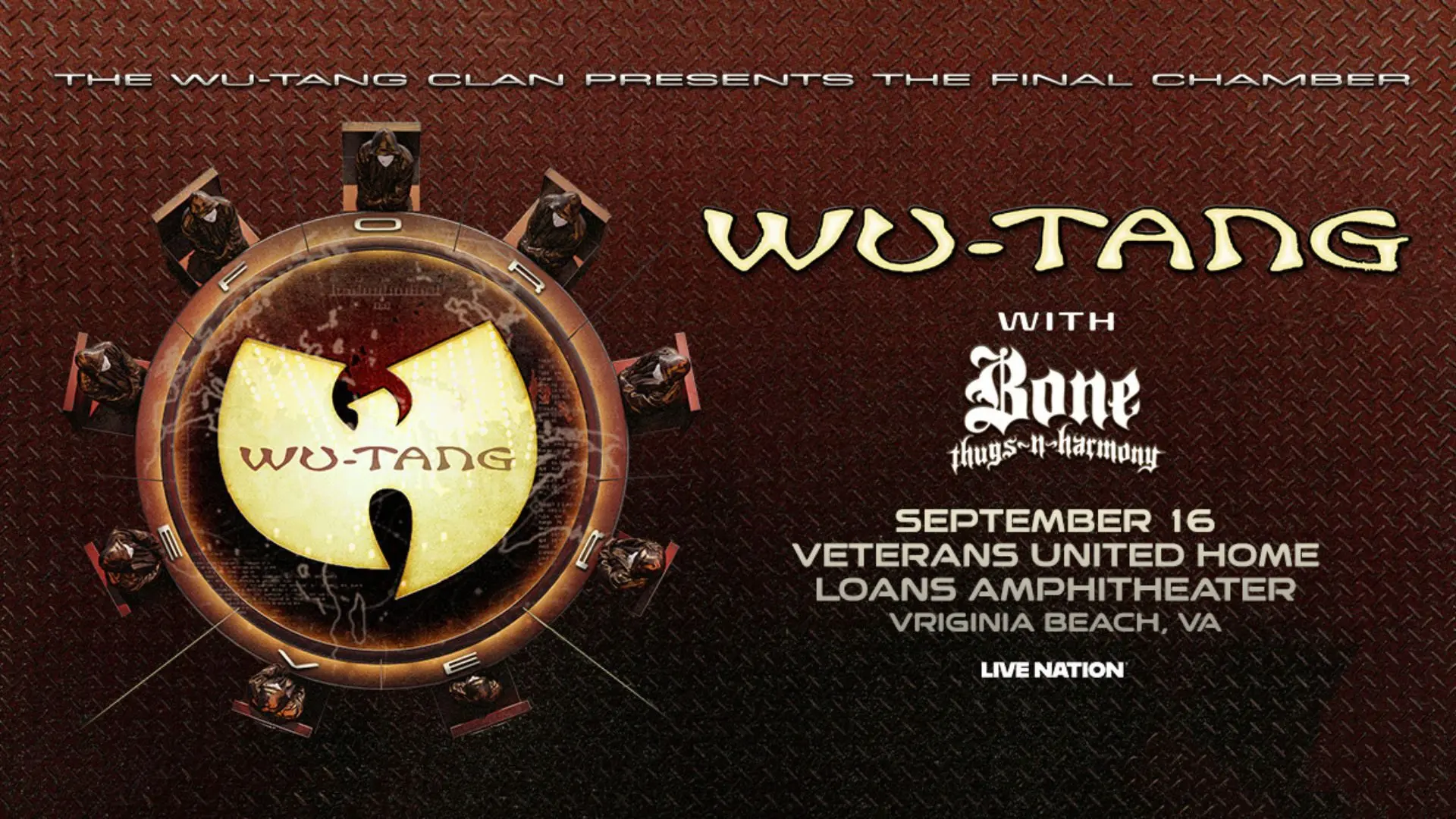 Promotional materials for Wu Tang Clan coming to the Veteran's United Home Loans Amphitheater on September 16, 2026 with Bone Thugs-N-Harmony for the Final Chamber encore tour.
