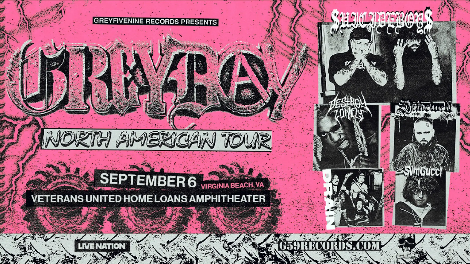 Promotional photo for The saga continues! $uicideboy$ are bringing the Grey Day Tour to Virginia Beach on Sunday, 9/6. They’re bringing a massive lineup with them, featuring Destroy Lonely, Shakewell, DRAIN, and $lim Gucci.