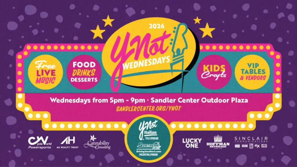 Image promoting YNot Wednesdays from 5PM - 9 PM at the Sandler Center Outdoor Plaza from June - August