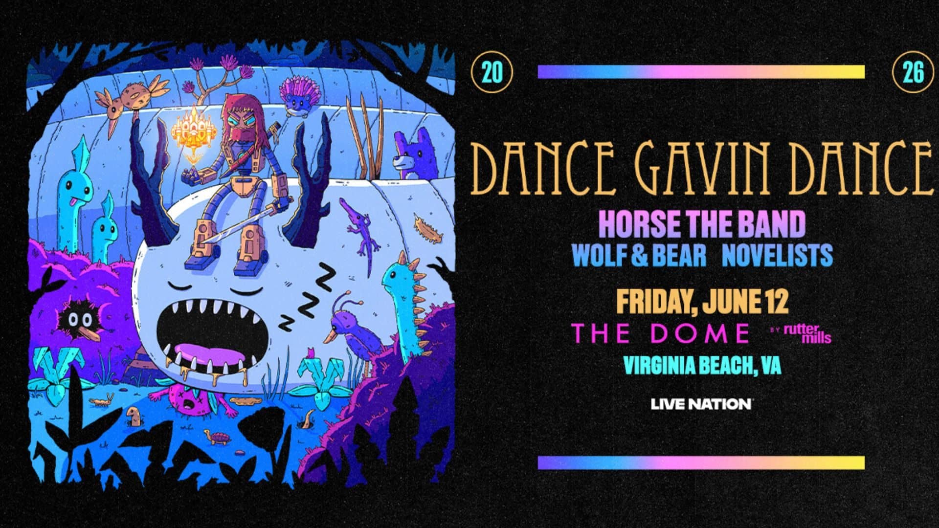 Image promoting Dance Gavin Dance is coming to The Dome by Rutter Mills in Virginia Beach with special guests Horse The Band, Wolf & Bear and NOVELISTS on Friday 6/12!