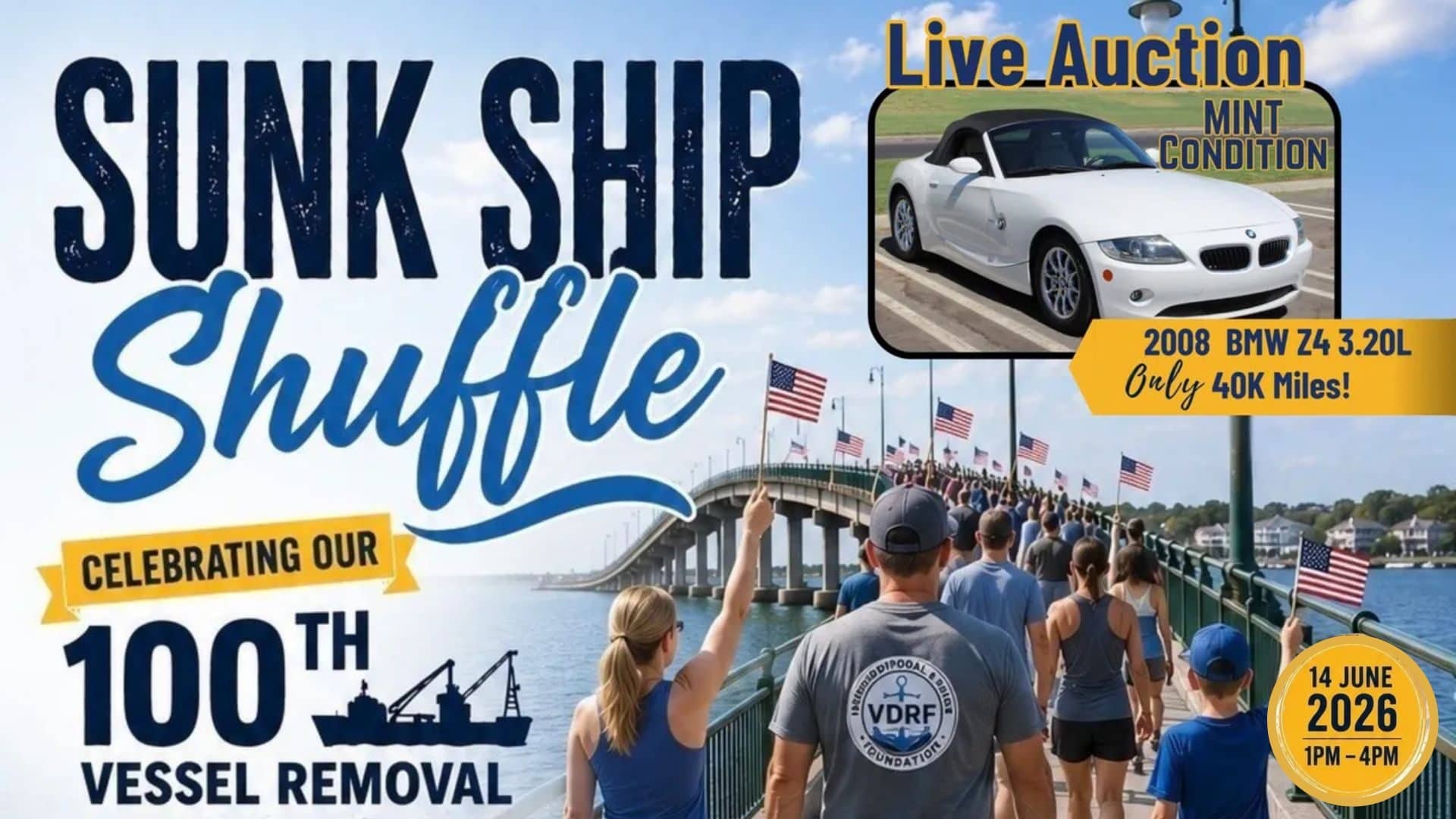 Image promoting the Sunk Ship Shuffle, a community walk celebrating cleaner waterways and a major milestone—100 vessel removals from Virginia's waterways. Hosted by Vessel Disposal & Reuse Foundation