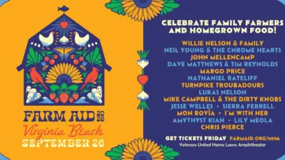 Image promoting Farm Aid 2026 at the Veterans United Home Loans Amphitheater at Virginia Beach on September 26, 2026.