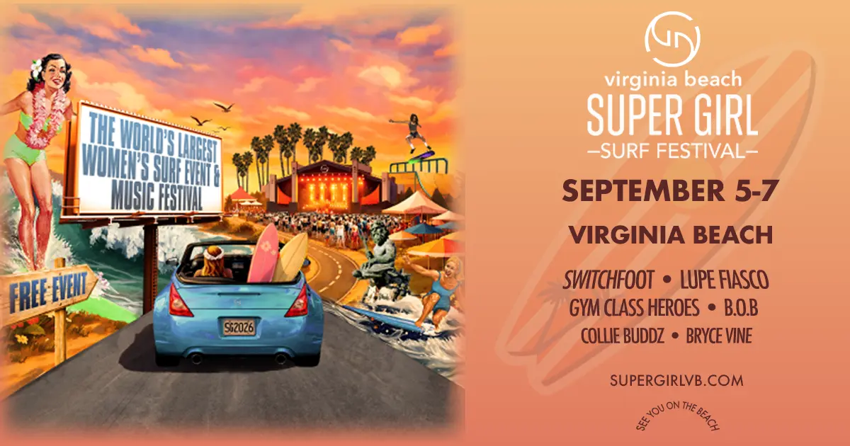 Image promoting the Super Girls Surf Festival that takes place in Virginia Beach, VA on Labor Day Weekend