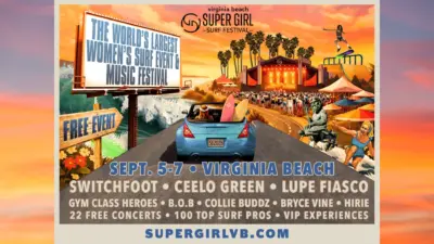 image promoting Super Girl Festival September 5, 2026 - September 7, The largest female surfing event in the world is hitting the shores of Virginia Beach