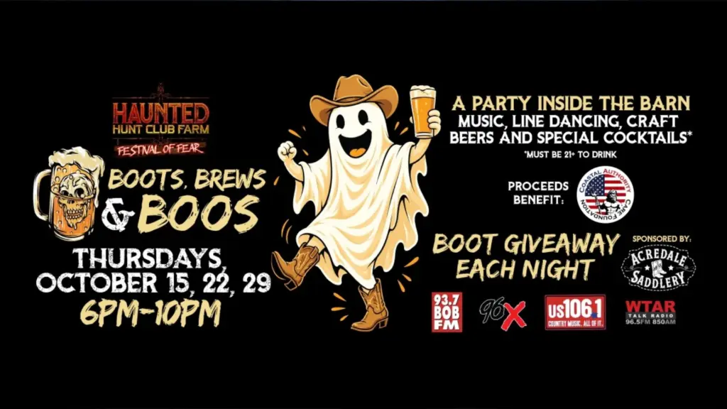 image promoting A party inside the barn: Boots, Brews and Boos every thursday night from 6 to 10pm @ Hunt Club Farm.