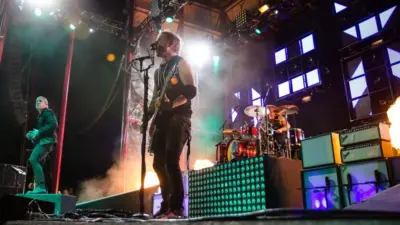 Both Brett Smith and Zach Myers entertain the crowd at the Rockstar Uproar Festival on September 25^ 2012 in Nampa^ Idaho.