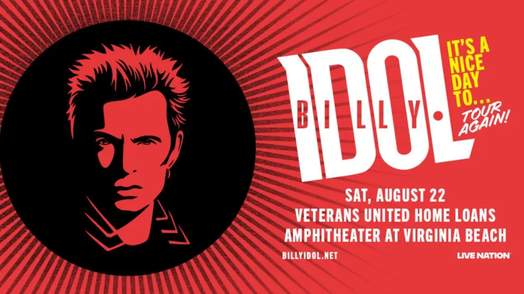 Image promoting Billy Idol at the Virginia Beach Amphitheater on August 22, 2026 for the It's a Nice Day to... Tour Again! Tour
