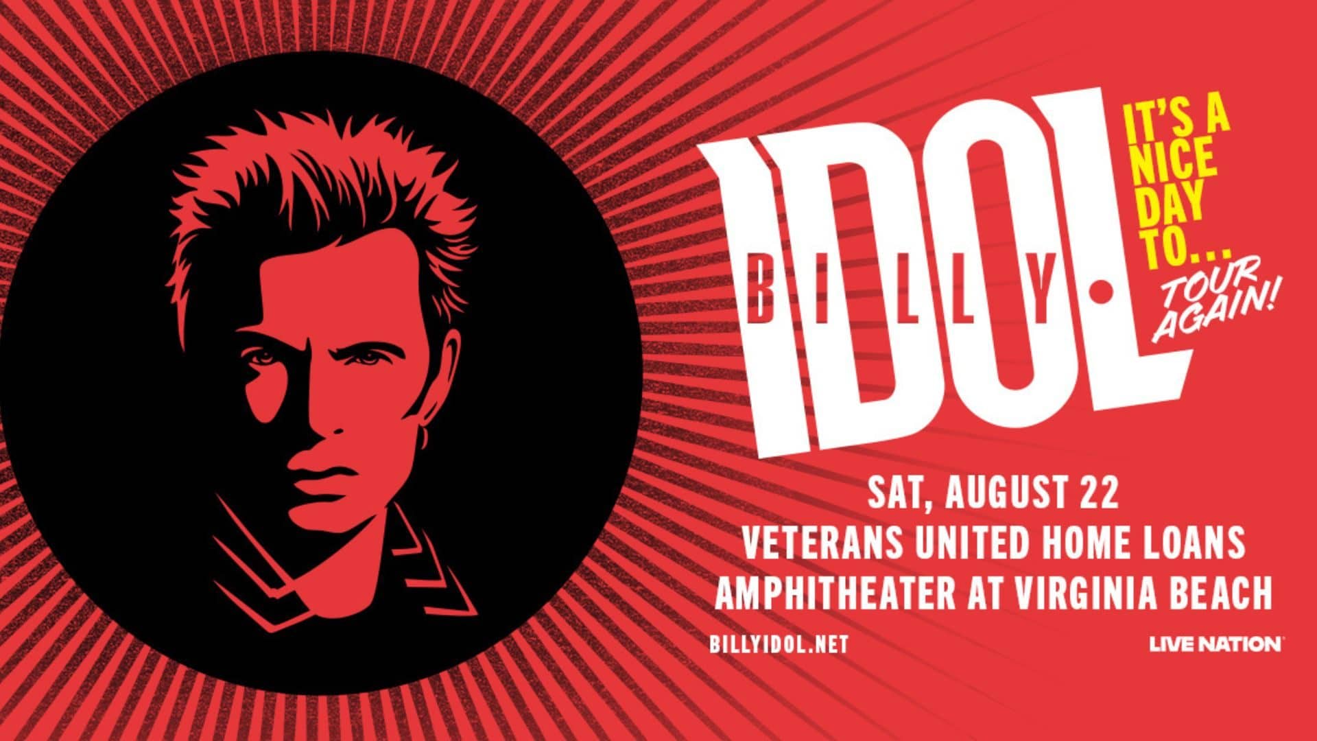 Image promoting Billy Idol at the Virginia Beach Amphitheater on August 22, 2026 for the It's a Nice Day to... Tour Again! Tour
