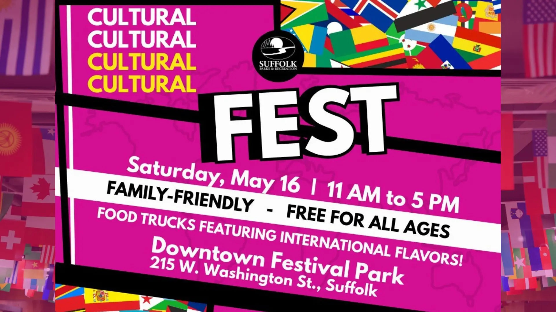 Image promoting the Cultural Festival with Suffolk Parks and Rec on May 16 from 11 AM - 5 PM