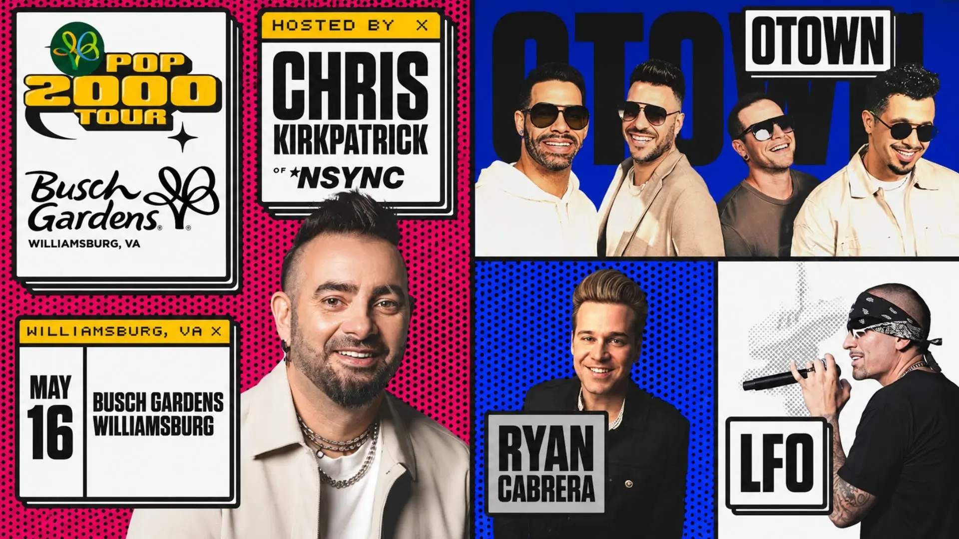 The POP 2000 TOUR is bringing all the TRL-era nostalgia to the stage with Chris Kirkpatrick of *NSYNC, O-Town, Ryan Cabrera & LFO LIVE at Busch Gardens on May 16.