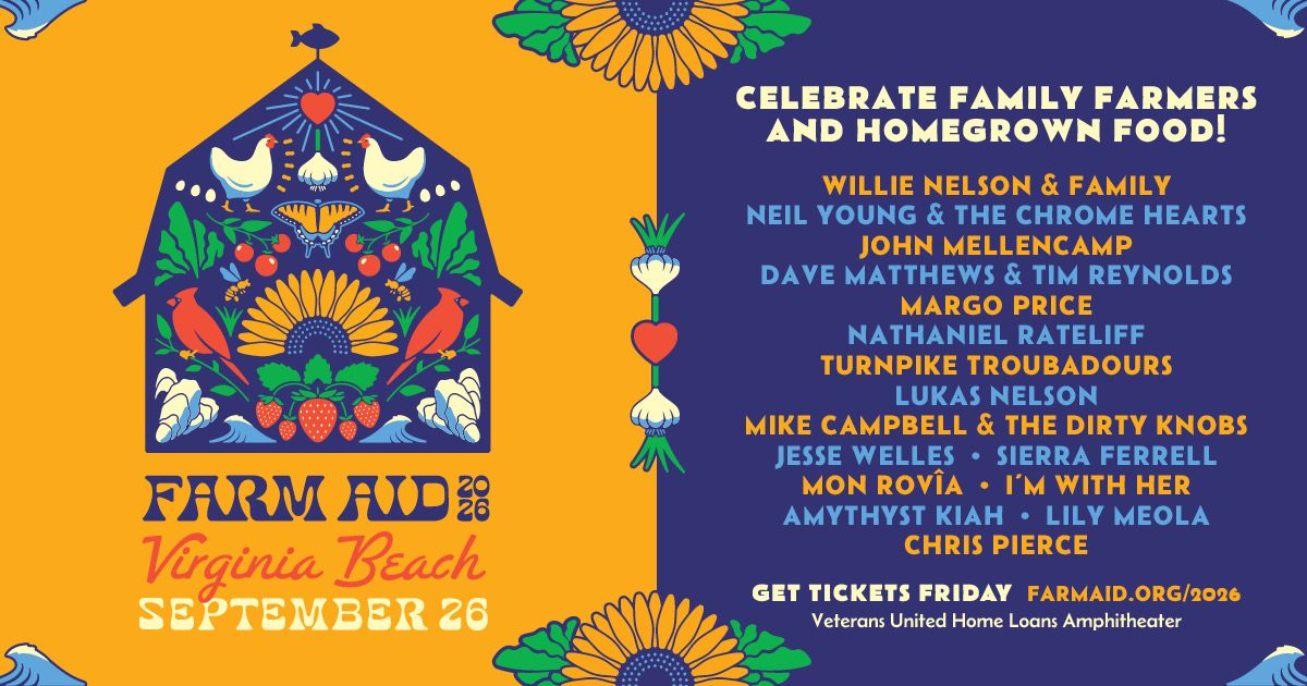 Image promoting Farm Aid 2026 at the Veterans United Home Loans Amphitheater at Virginia Beach on September 26, 2026.
