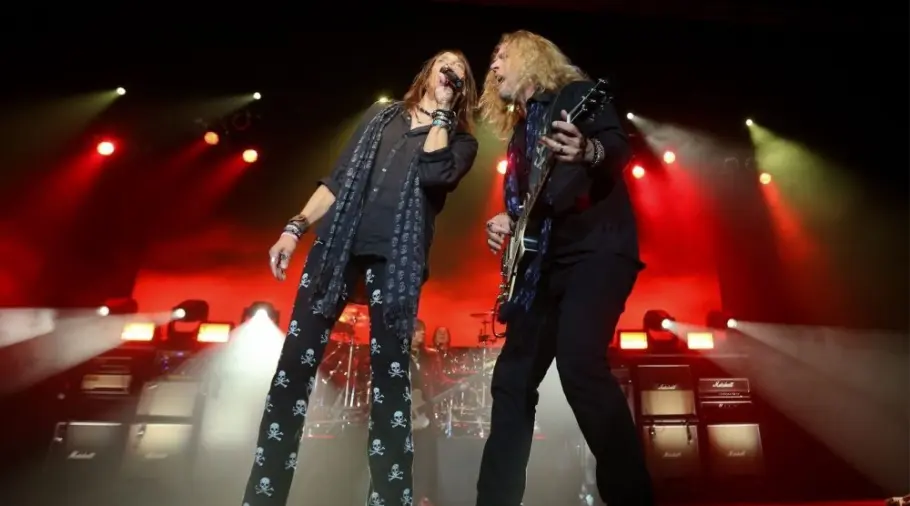 Jeff Keith (L) and Frank Hannon of Tesla perform onstage at the Paramount on October 25^ 2018 in Huntington^ New York.