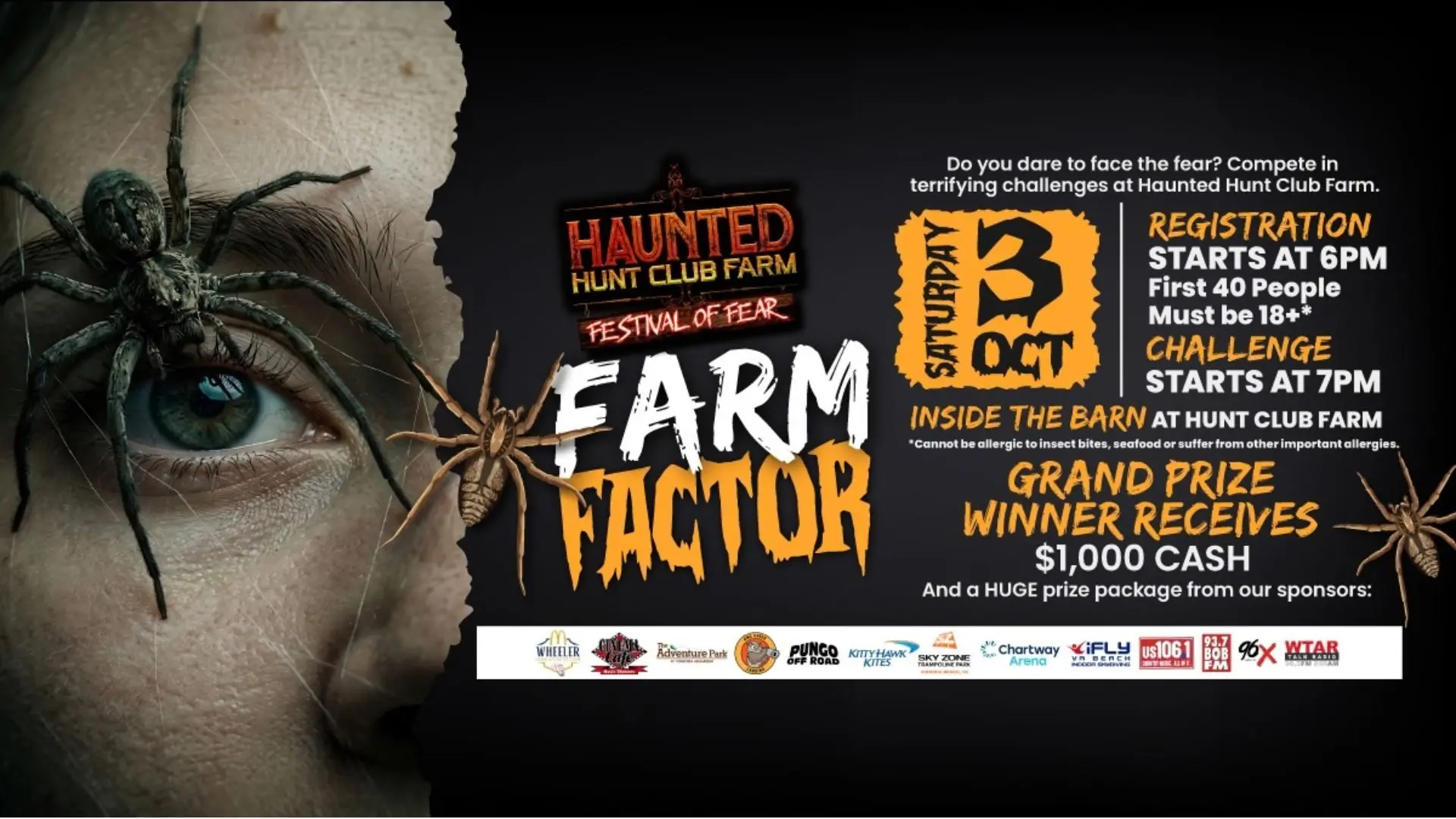 Image promoting Hunt Club Farm is hosting Farm Factor, the ultimate fear challenge inside the barn, on Saturday, October 3rd.