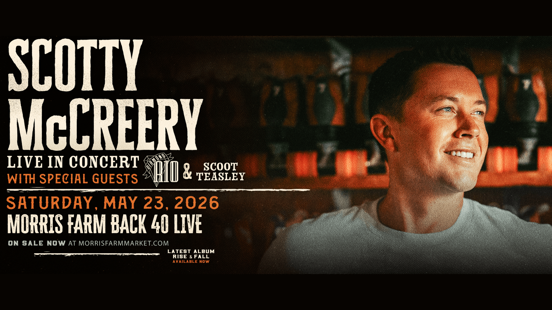 Image promoting Scotty McCreery performing LIVE at Morris Farm on May 23rd at 6 PM with Diamond Rio.