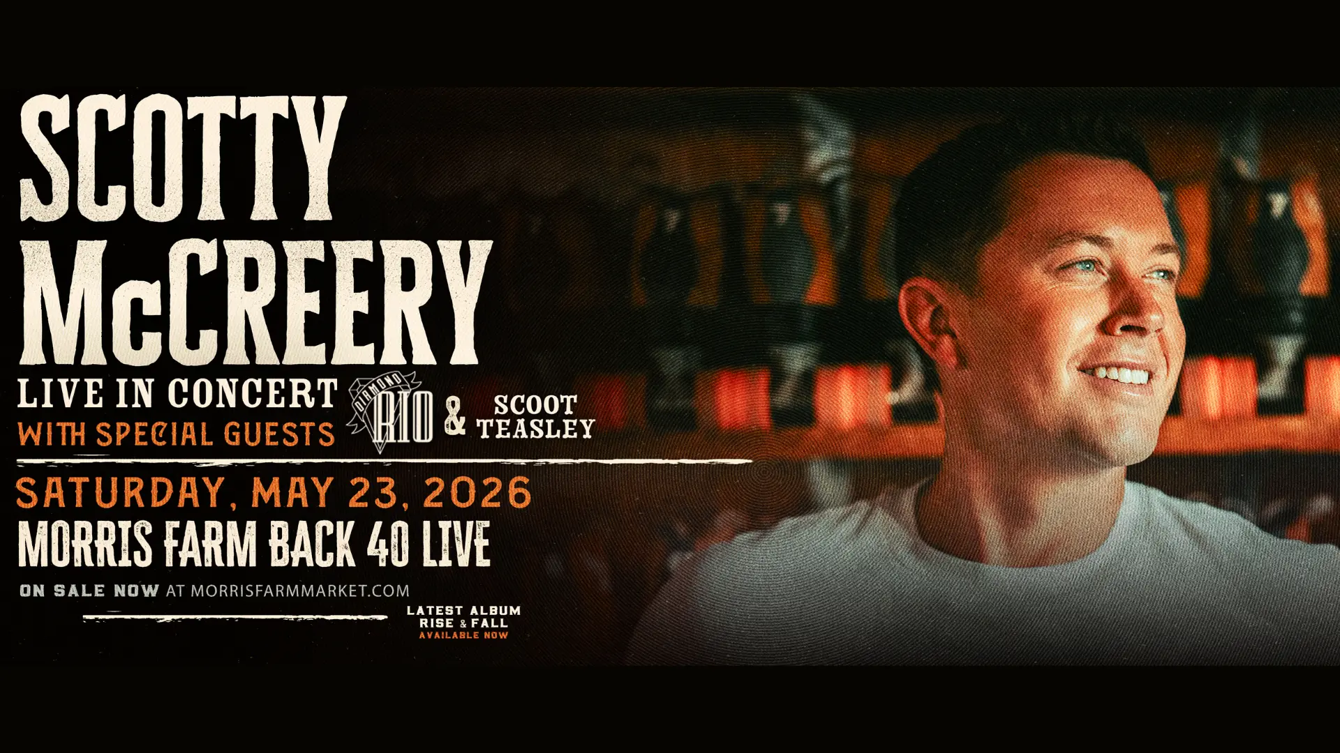 Image promoting Scotty McCreery performing LIVE at Morris Farm on May 23rd at 6 PM with Diamond Rio.