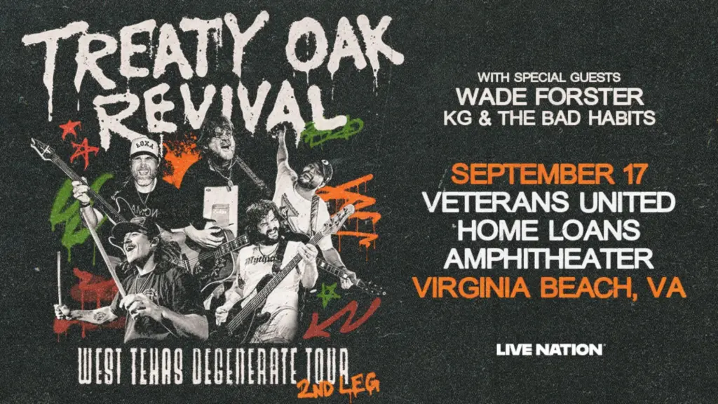image promoting Treaty Oak Revival is bringing the WEST TEXAS DEGENERATE TOUR to Veterans United Home Loans Amphitheater at Virginia Beach on 9/17 with special guests Wade Forster and KG & The Bad Habits!