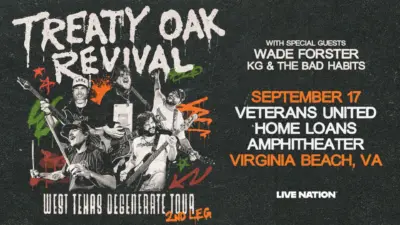 image promoting Treaty Oak Revival is bringing the WEST TEXAS DEGENERATE TOUR to Veterans United Home Loans Amphitheater at Virginia Beach on 9/17 with special guests Wade Forster and KG & The Bad Habits!