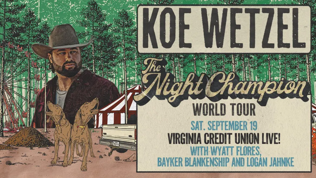 Image promoting Koe Wetzel is bringing The Night Champion World Tour to Richmond! Saturday, September nineteenth
