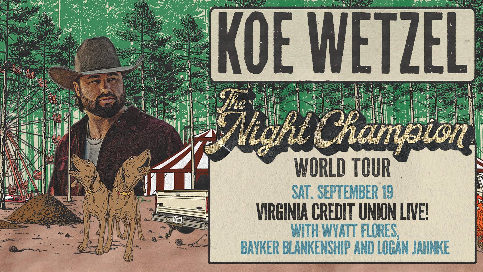 Image promoting Koe Wetzel is bringing The Night Champion World Tour to Richmond! Saturday, September nineteenth