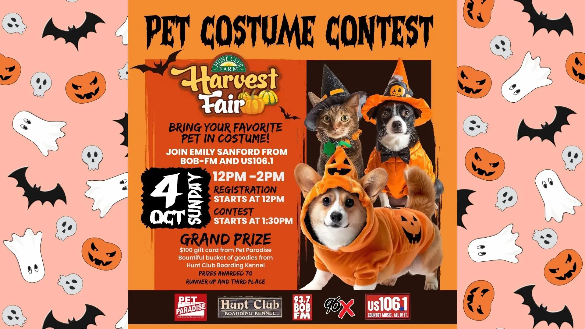 Image promoting the Annual Pet Costume Contest at Hunt Club Farm's Harvest Fair on Sunday, October 4th!