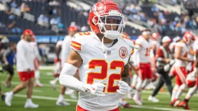 KC Chiefs cornerback Trent McDuffie #22 warms up prior to an NFL football game against the LA Chargers at SoFi Stadium^ Aug. 17^ 2024^ in Inglewood^ Calif.