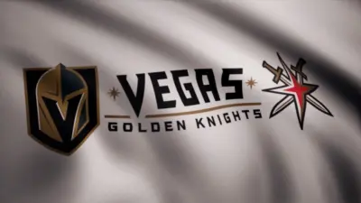 Waving flag with Vegas Golden Knights NHL hockey team logo. Close-up of waving flag with Vegas Golden Knights NHL hockey team logo^ seamless loop. Editorial footage