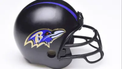 Mini Collectable Football Helmet for the Baltimore Ravens of the American Football Conference North.IRVINE^ CALIFORNIA - AUGUST 30^ 2018: