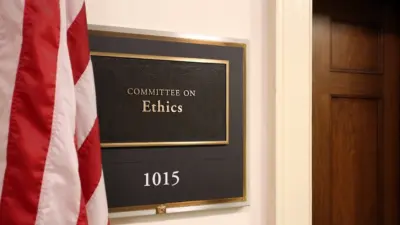 A sign at the entrance to a House Ethics Committee hearing room in Washington^ DC on July 18^ 2017. The House of Representatives is the lower chamber of the US Congress.