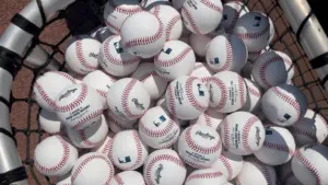 A bag of baseballs before a Major League Baseball game July 04^ 2022 - Atlanta^ GA^ USA