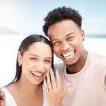 Selfie,,Beach,And,Couple,With,Love,,Engagement,And,Smile,With
