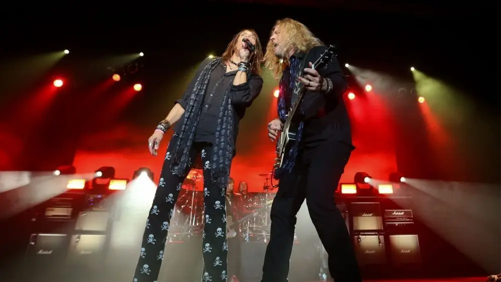 Jeff Keith (L) and Frank Hannon of Tesla perform onstage at the Paramount on October 25^ 2018 in Huntington^ New York.