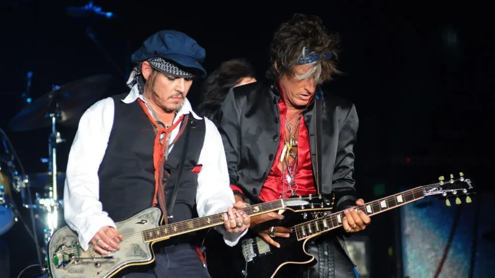 Guitarists Johnny Depp and Joe Perry during their concert of the band Hollywood Vampires at Rock in Rio 2015 in Rio de Janeiro^ Brazil