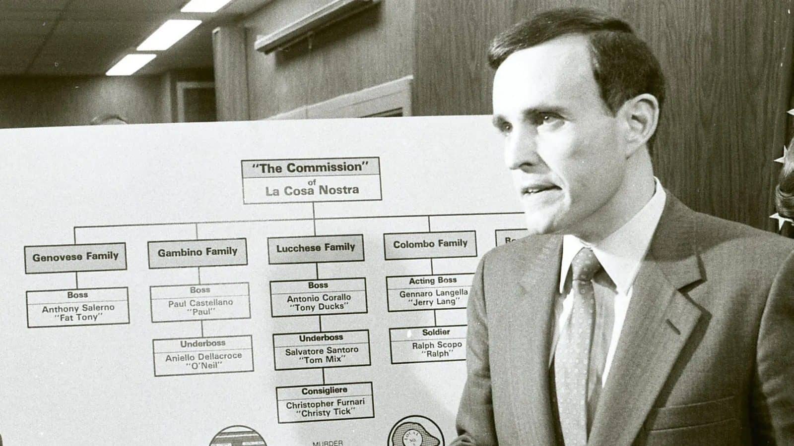 Rudolph W. Giuliani during a Department of Justice presentation on The Commission of La Cosa Nostra