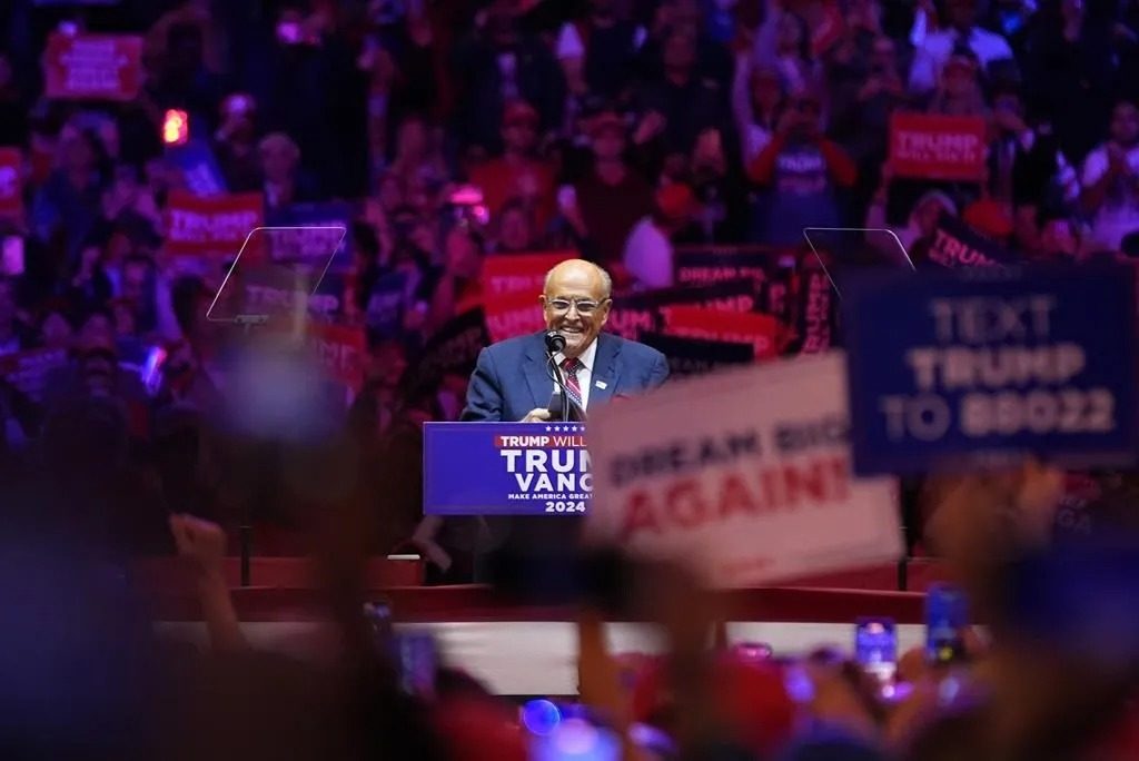 Rudolph W. Giuliani on stage at Madison Square Garden during a Trump rally