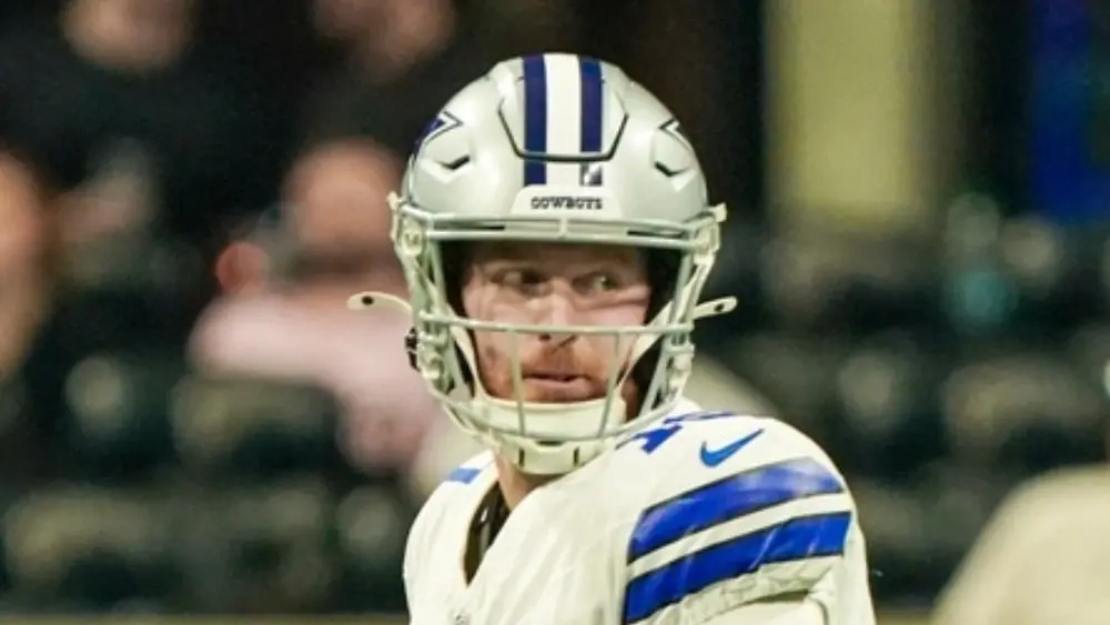 Dallas Cowboys quarterback Cooper Rush (10) looks to throw the ball against the Atlanta Falcons on November 3^ 2024 at Mercedes-Benz Stadium.