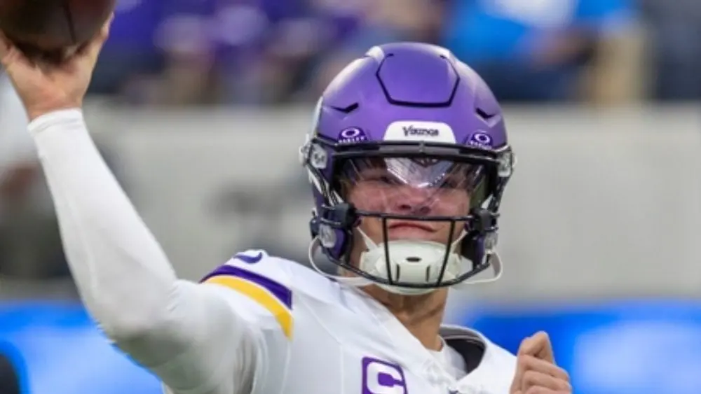 Minnesota Vikings quarterback J.J. McCarthy #9 warms up prior to an NFL football game against the Los Angeles Chargers Oct. 23^ 2025^ in Inglewood^ Calif.