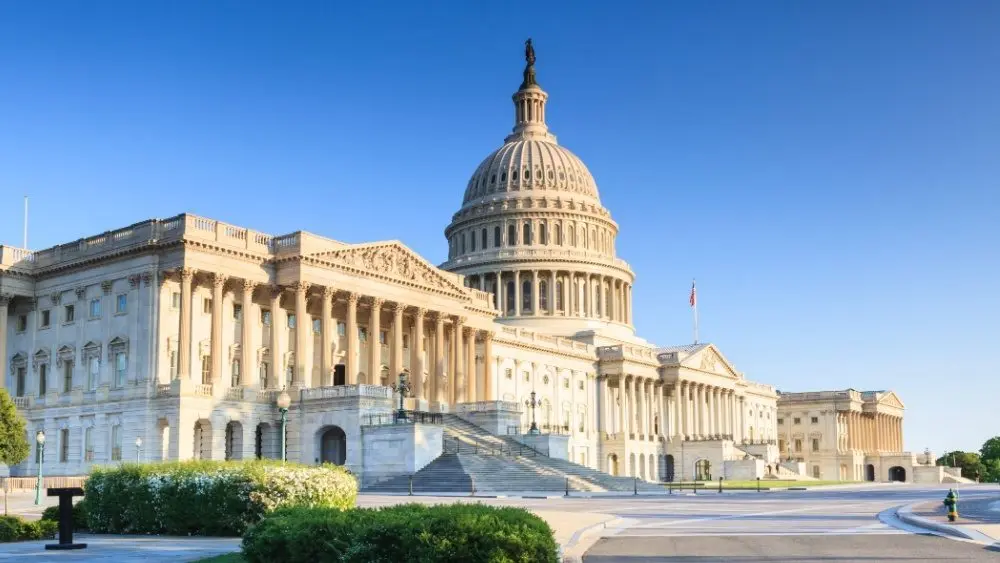 United States US Capitol Building as seen from Independence Avenue in Washington^ DC in spring.