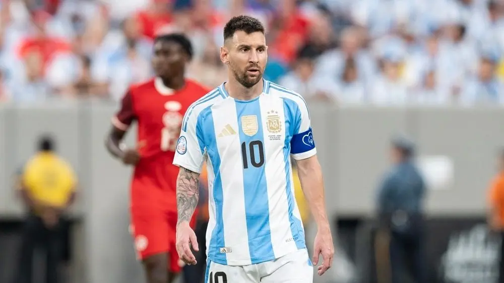 Lionel Messi (10) of Argentina in play during Conmebol Copa America 2024 semifinal match against Canada at MetLife Stadium in East Rutherford^ NJ on July 9^ 2024