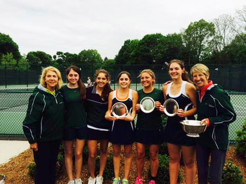 The Sacred Heart tennis team poses for a photo after winning the FAA championship. From left is coach Julieta DiPaola, Juliette Guice, Kensi Almeida, Cori Gabaldon, Jackie Urbinati, Brooke Wilkens and head coach Anne Fraser.