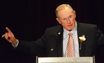 The Greenwich High School Hall of Fame Awards Dinner honored a plethora of great athletes and coaches that passed through the halls of GHS. New York Giants head coach Tom Coughlin introduces legendary Greenwich football head coach Mike Ornato during the banquet last week. (John Ferris Robben photo)