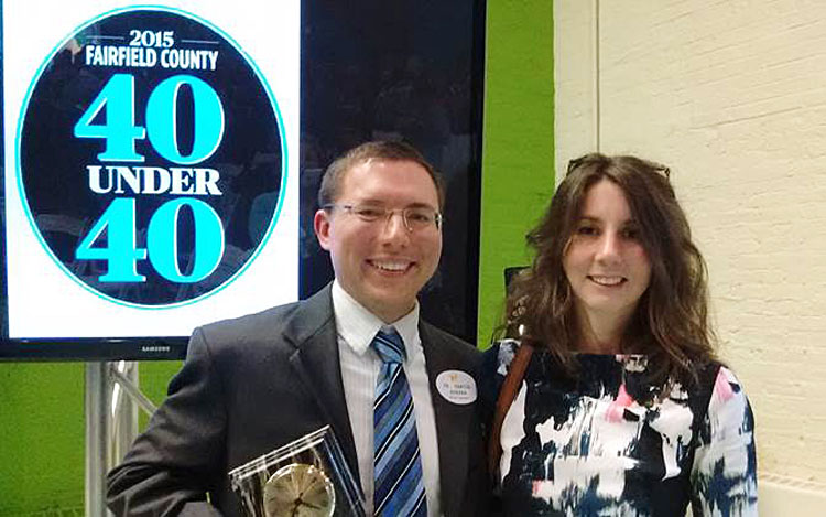 Daniel Ksepka, Curator of Science at the Bruce Museum, with his wife, Kristin Lamm, at the 2015 Fairfield County “40 Under 40” awards.