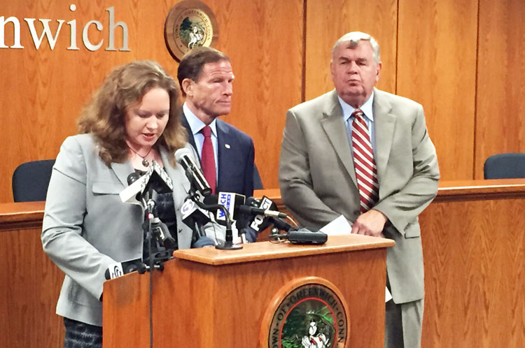 U.S. Senator and Greenwich resident Richard Blumenthal, along with the family of George Smith, talk about a cruise safety law being introduced. (Paul Silverfarb photo)