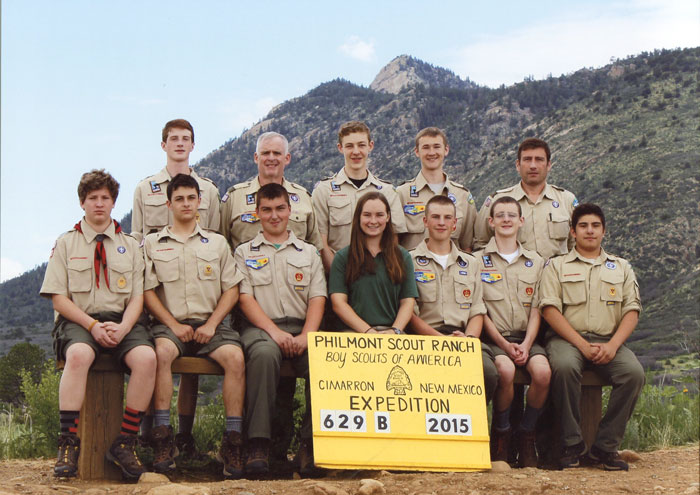 Scouts and leaders in the Sangre de Cristo Mountains, New Mexico (Tooth of Time Mountain (9003ft) in the background). Will Freder, Elias Boyer, James Gordon, Jamie Heavey, Luke Kaiser, Carlos Maldonado Jr., TJ Peck, Nico Matejak and Eric Parker.  Police Chief Jim Heavey and Carlos Maldonado Sr. served as adult advisors.  Jane Wiessmann (center front) served as a Ranger for the first few days of the trek.