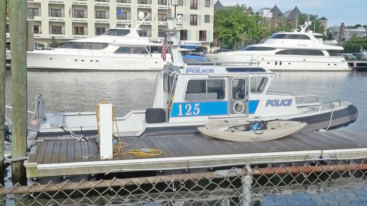 A Greenwich Police Department boat docked in Long Island Sound. (Taylor Knight photo)