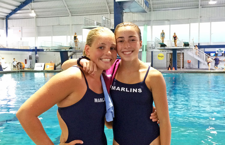 Elizabeth Fitzpatrick, left, and Carolina Sculti are all smiles at the USA Diving Nationals.