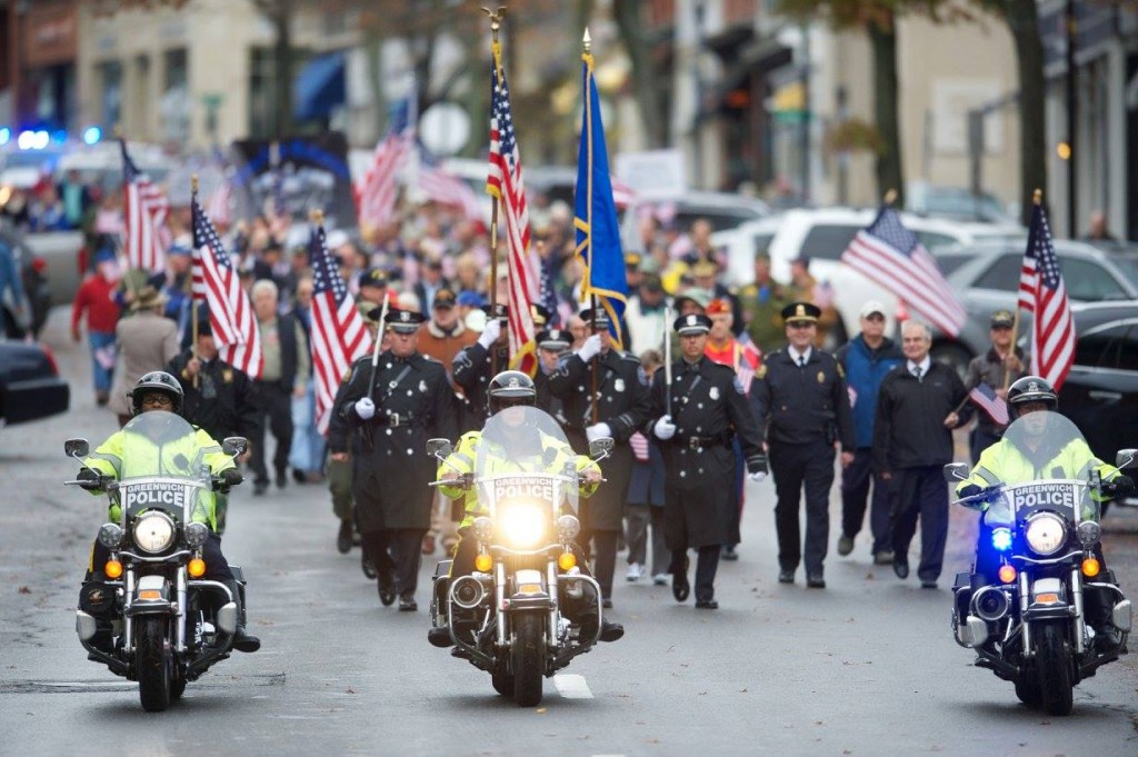 Members of the GPD lead almost 500 people down Greenwich Ave. in support of our Veterans organized by the Greenwich Military Covenant for Care. Photo by John Ferris Robben