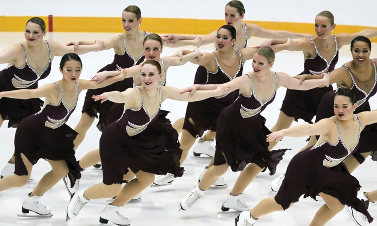 Members of the Skyliners senior team perform during the U.S. National Synchronized Skating Championships in Kalamazoo, Mich.