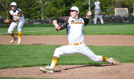 Brunswick School starting pitcher Trystan Sarcone, a sophomore, fires the ball to the plate during Monday's game. (Paul Silverfarb photo)